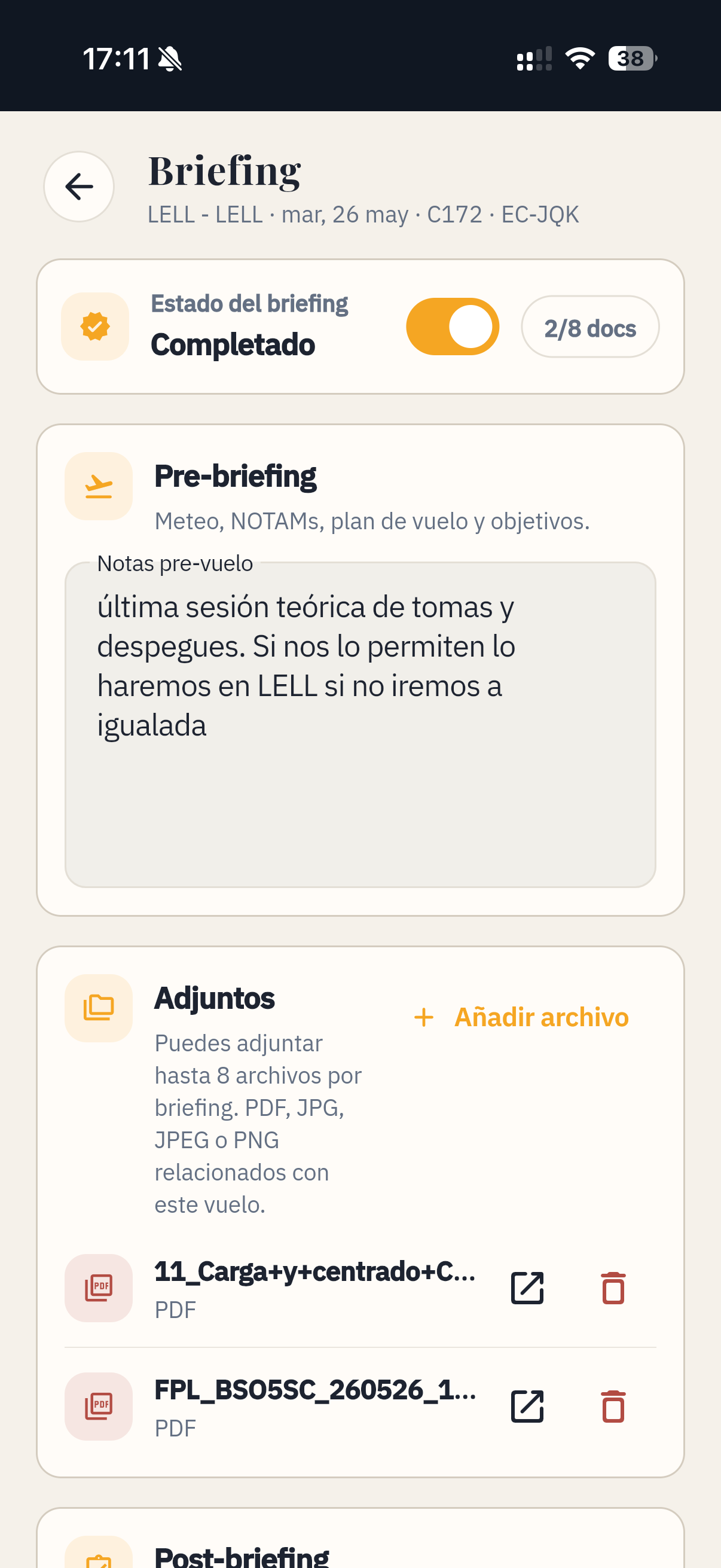 Vista de briefings en Pilot Life Manager