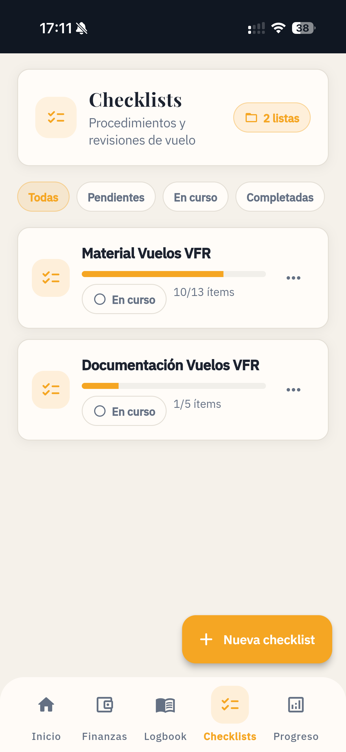 Vista de checklists en Pilot Life Manager