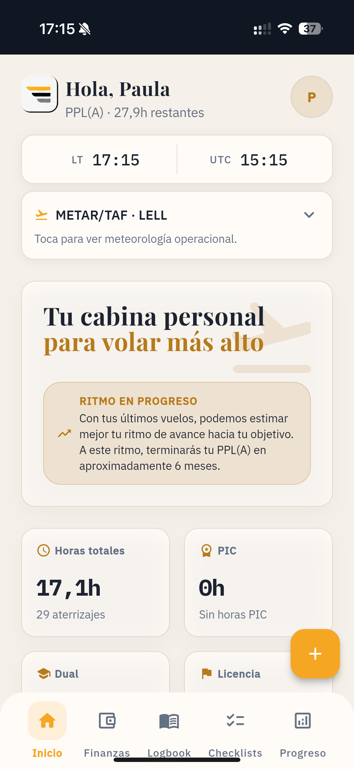 Vista de inicio en Pilot Life Manager